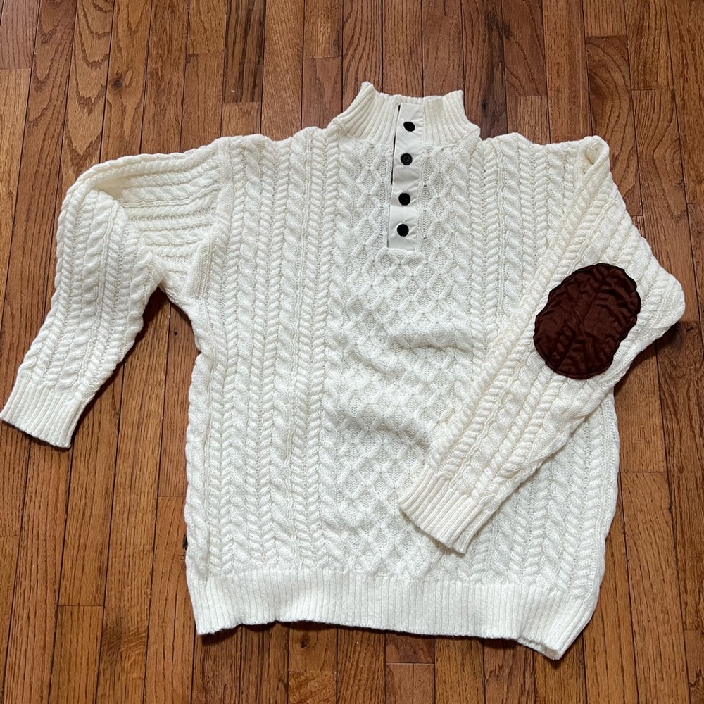 Men’s Sweater, New Size Medium, White with Brown Coller and Elbow Pads